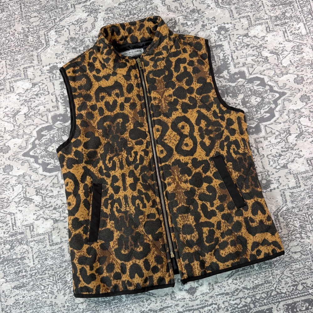 Giddy Up Glamour Womens Small Quilted Leopard Print Vest Full Zip Mock Neck Tan